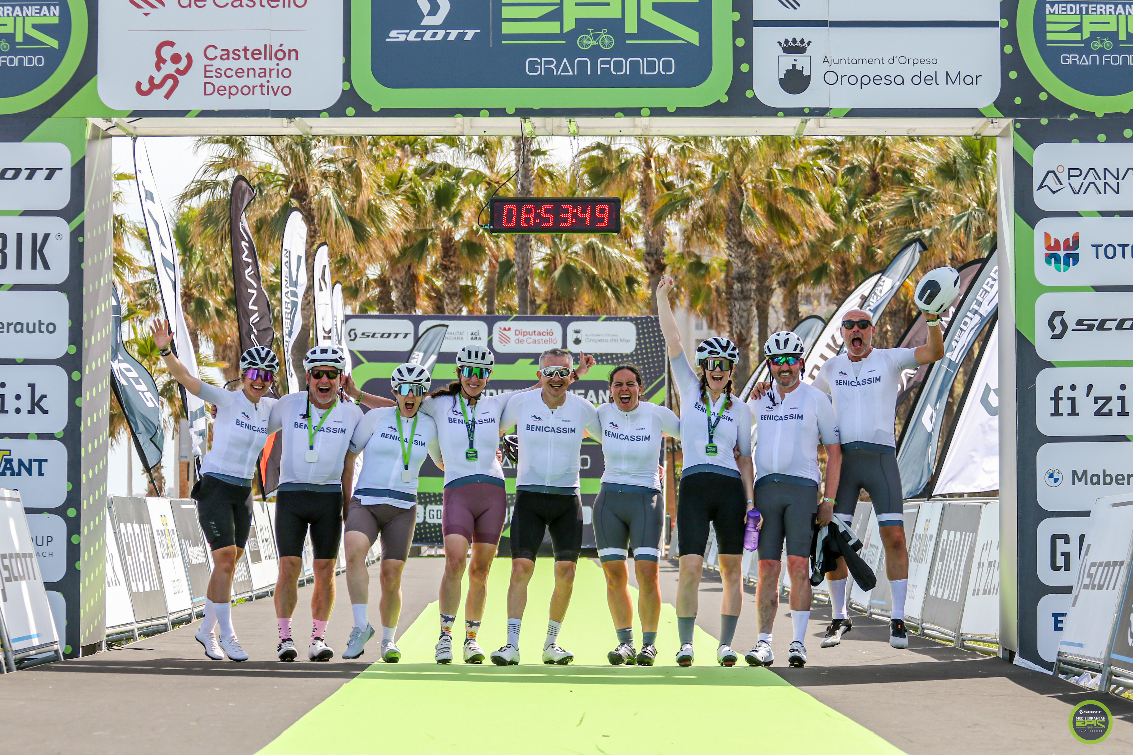 The UNCHAINED group celebrating together at the 2026 Mediterranean Epic Gran Fondo finish